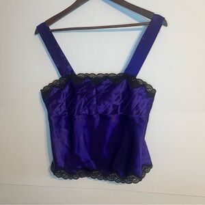 Vintage Sexy Deep Purple Pleated Satin Camisole with Black Lace Trim Gold Label